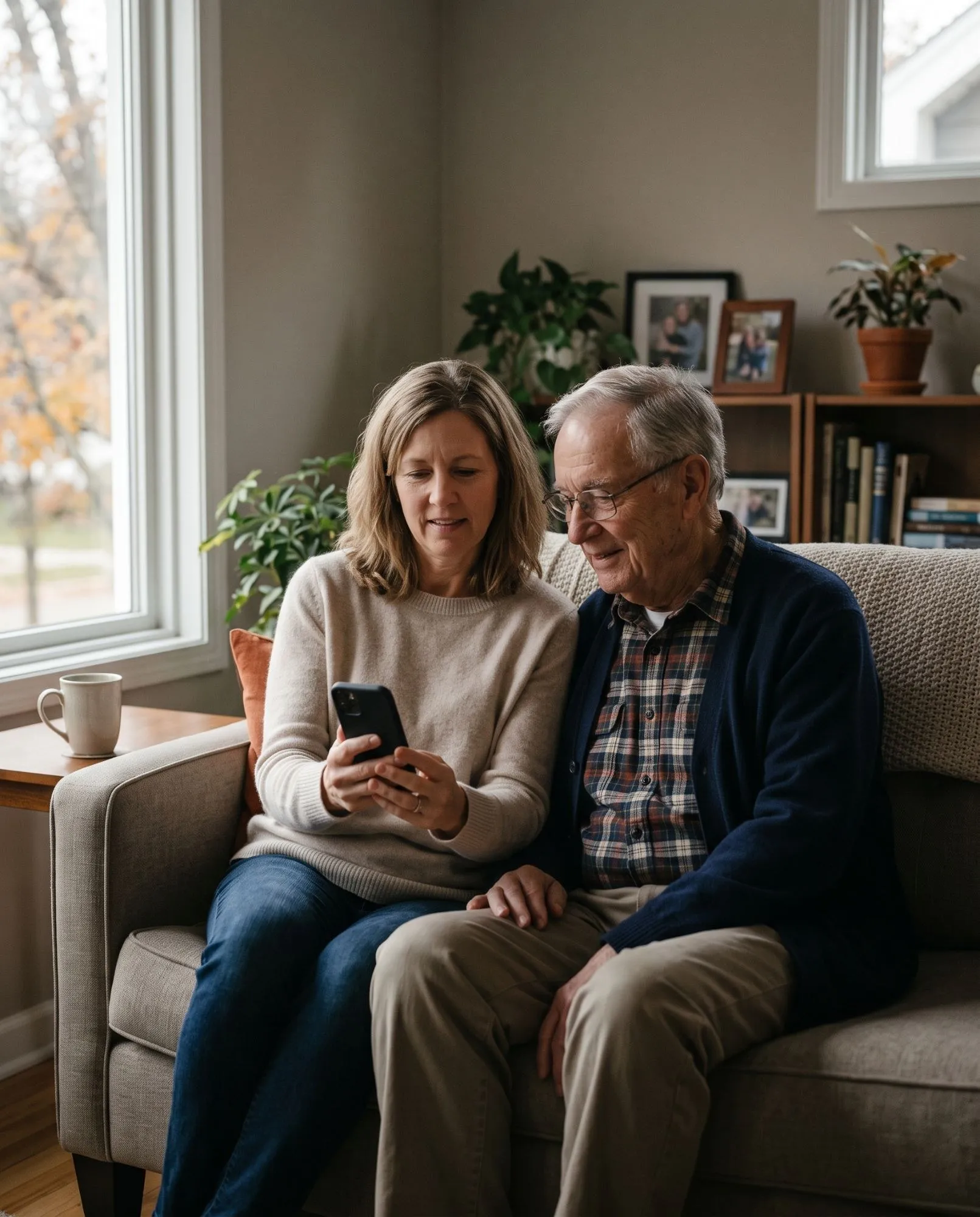 An adult daughter and her father look at a phone together on the sofa