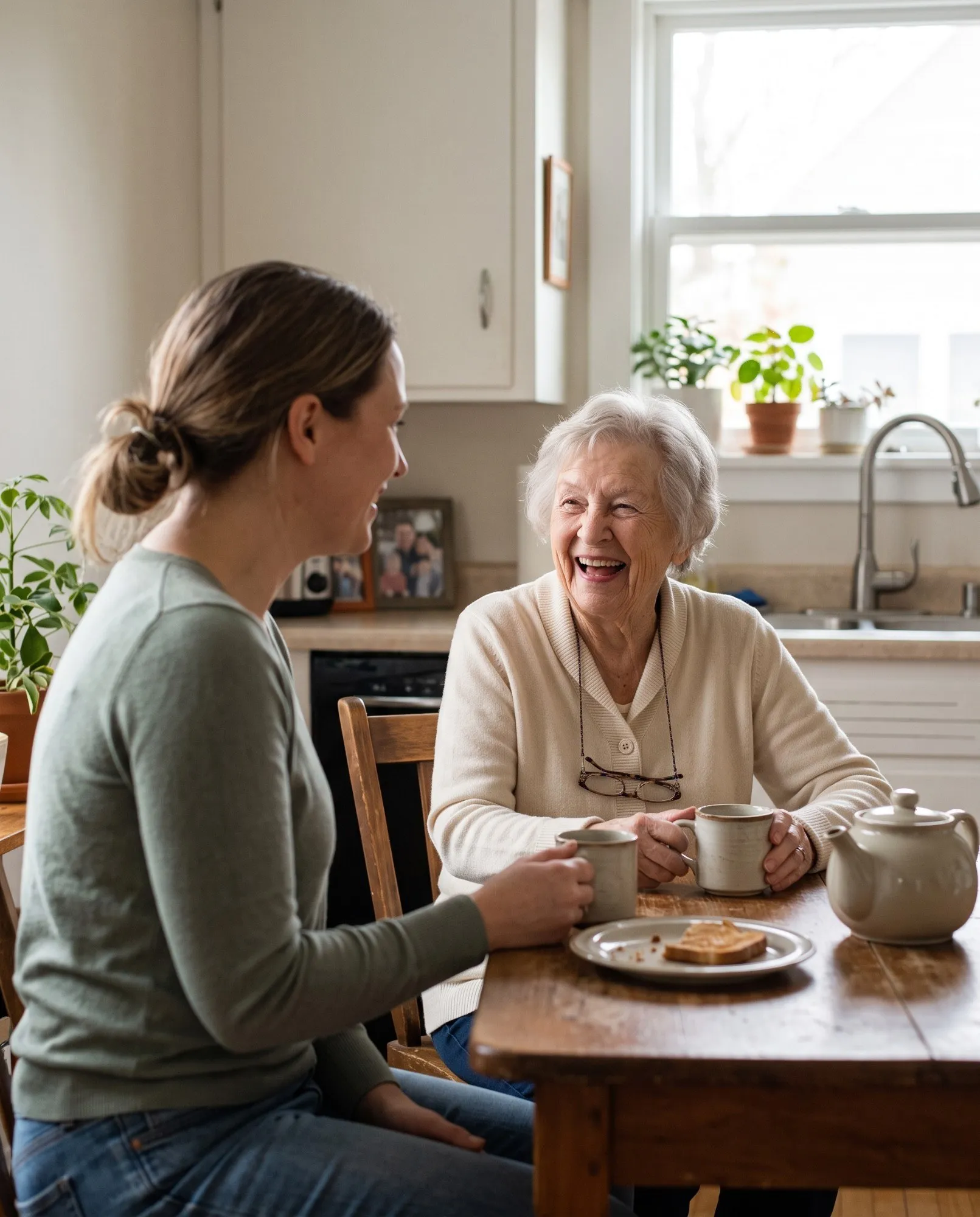 A caregiver and an older woman laugh over tea at the kitchen table